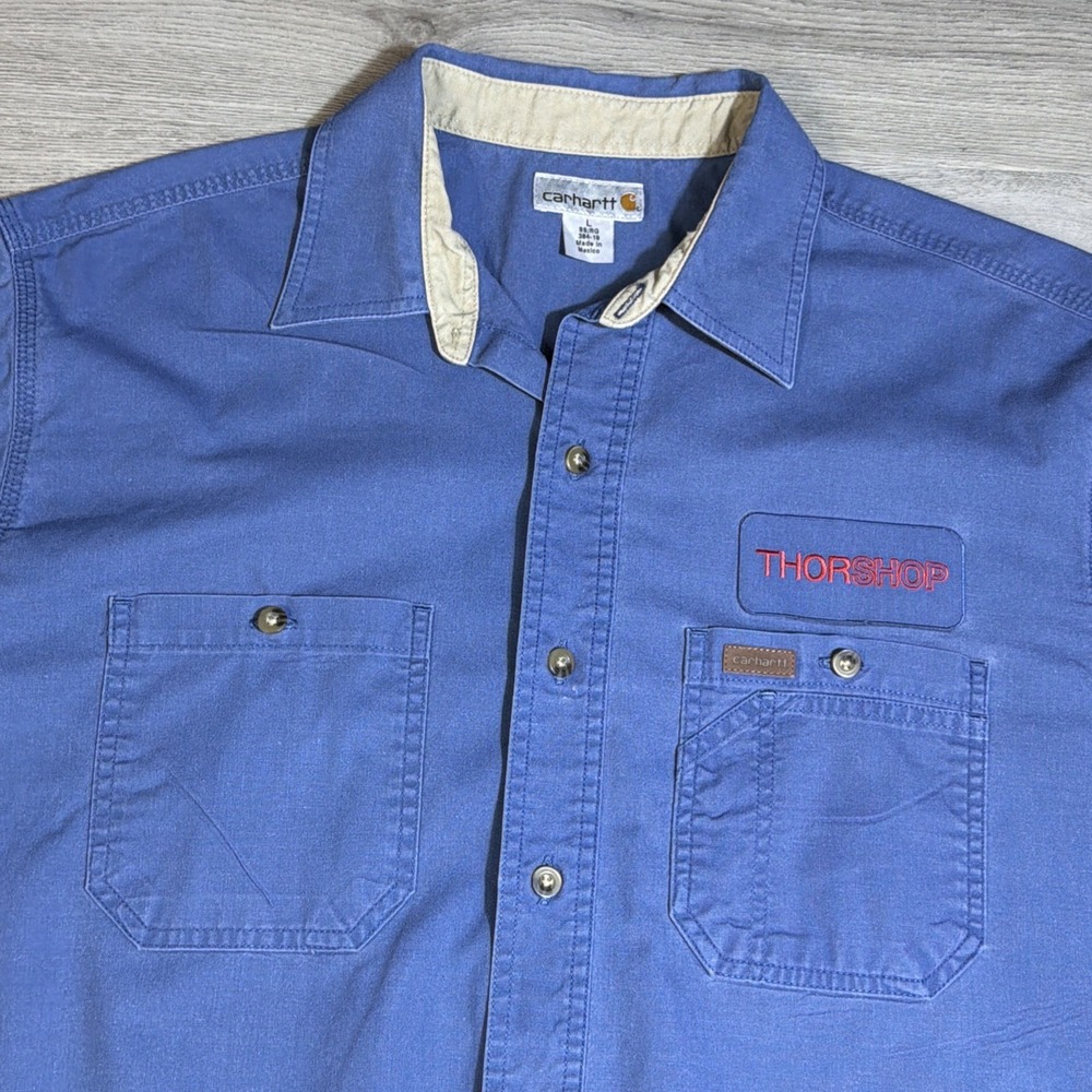 Carhartt‎ L Blue Button Up Work Shirt Thorshop Embroidered Made in Mexico - Picture 4 of 9
